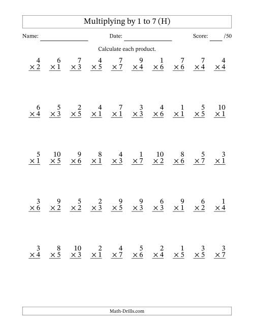 The Multiplying (1 to 10) by 1 to 7 (50 Questions) (H) Math Worksheet