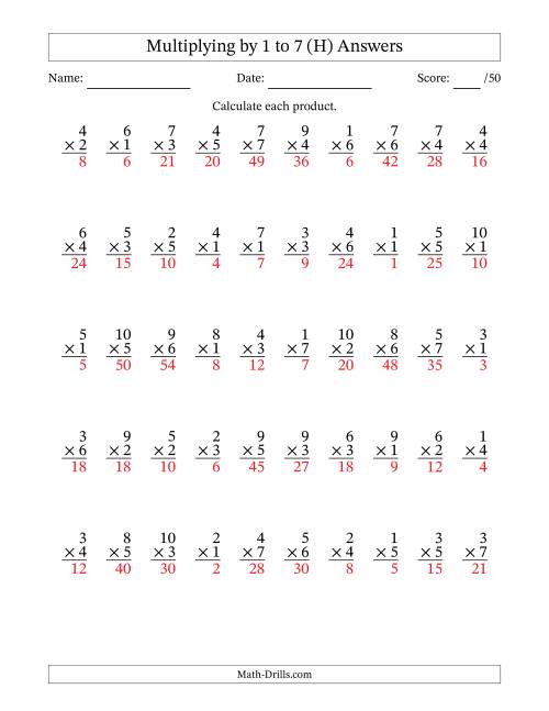 The Multiplying (1 to 10) by 1 to 7 (50 Questions) (H) Math Worksheet Page 2