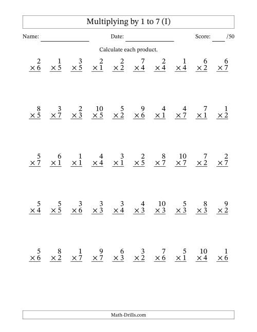 The Multiplying (1 to 10) by 1 to 7 (50 Questions) (I) Math Worksheet