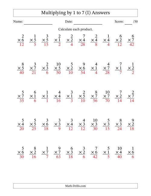 The Multiplying (1 to 10) by 1 to 7 (50 Questions) (I) Math Worksheet Page 2