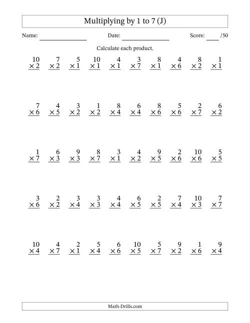 The Multiplying (1 to 10) by 1 to 7 (50 Questions) (J) Math Worksheet