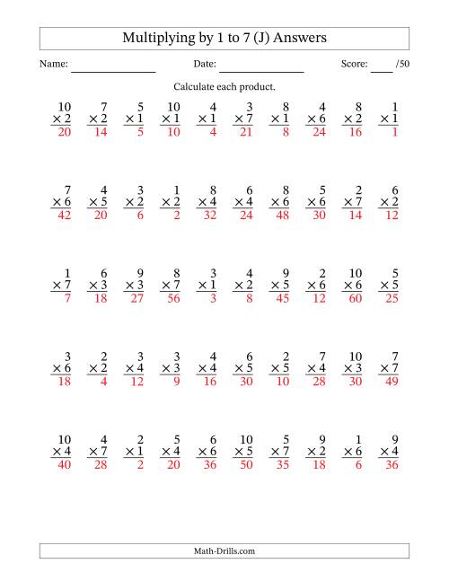 The Multiplying (1 to 10) by 1 to 7 (50 Questions) (J) Math Worksheet Page 2