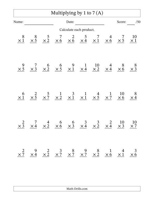 The Multiplying (1 to 10) by 1 to 7 (50 Questions) (All) Math Worksheet