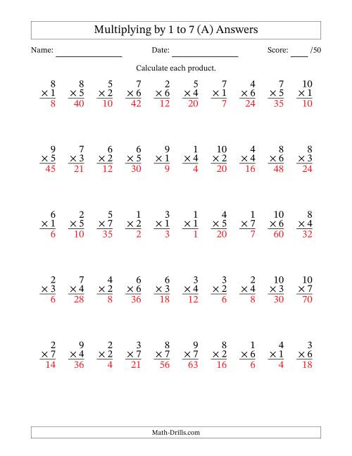 The Multiplying (1 to 10) by 1 to 7 (50 Questions) (All) Math Worksheet Page 2