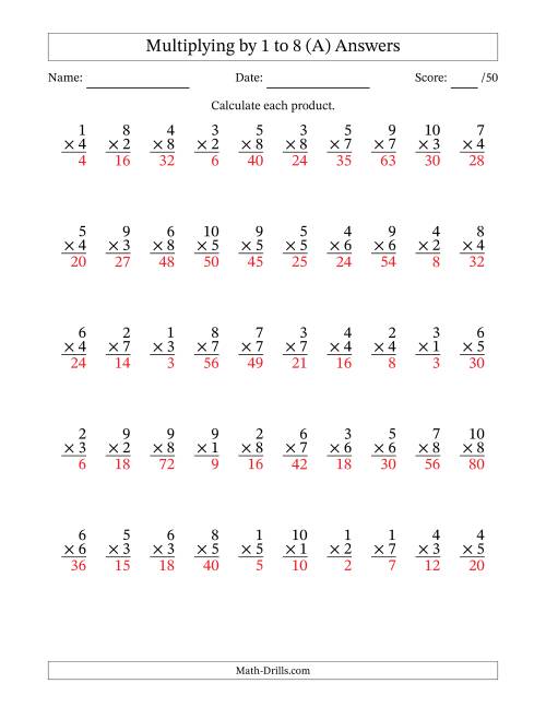The Multiplying (1 to 10) by 1 to 8 (50 Questions) (A) Math Worksheet Page 2