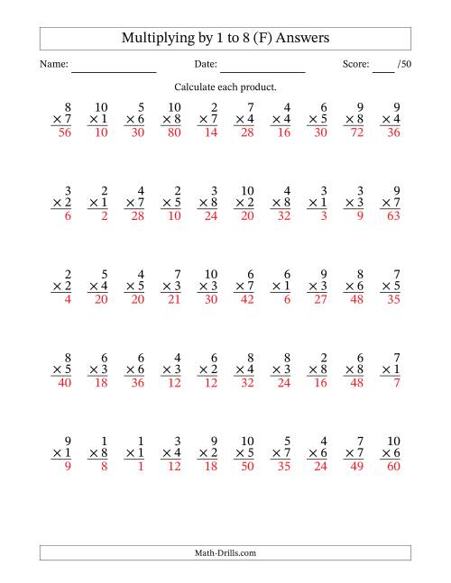 The Multiplying (1 to 10) by 1 to 8 (50 Questions) (F) Math Worksheet Page 2