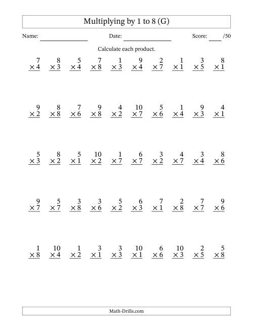 The Multiplying (1 to 10) by 1 to 8 (50 Questions) (G) Math Worksheet