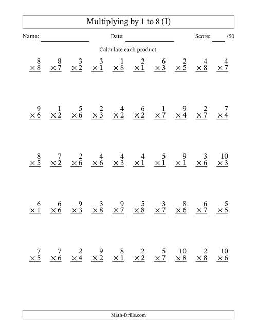 The Multiplying (1 to 10) by 1 to 8 (50 Questions) (I) Math Worksheet