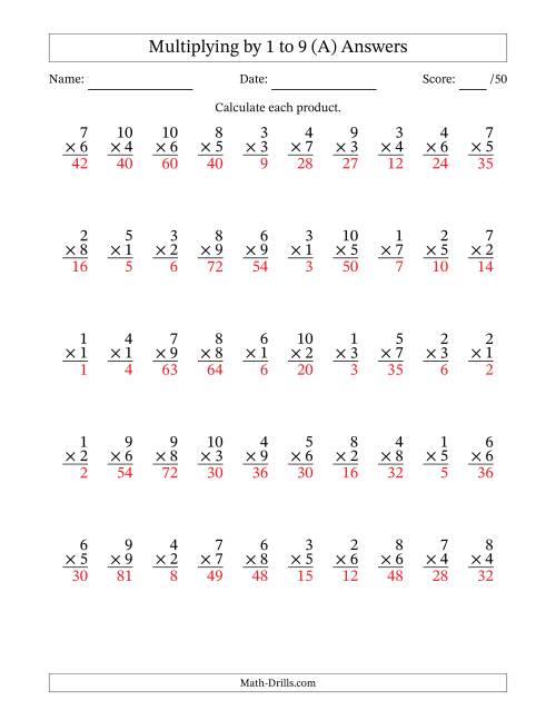 The Multiplying (1 to 10) by 1 to 9 (50 Questions) (A) Math Worksheet Page 2
