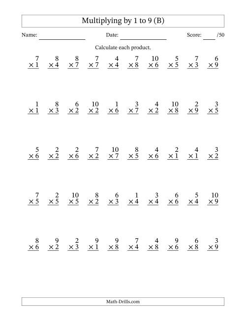 The Multiplying (1 to 10) by 1 to 9 (50 Questions) (B) Math Worksheet