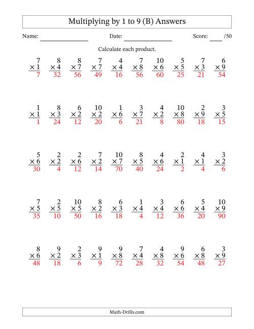 The Multiplying (1 to 10) by 1 to 9 (50 Questions) (B) Math Worksheet Page 2