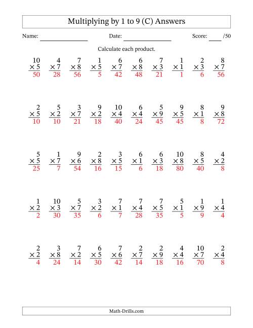 The Multiplying (1 to 10) by 1 to 9 (50 Questions) (C) Math Worksheet Page 2