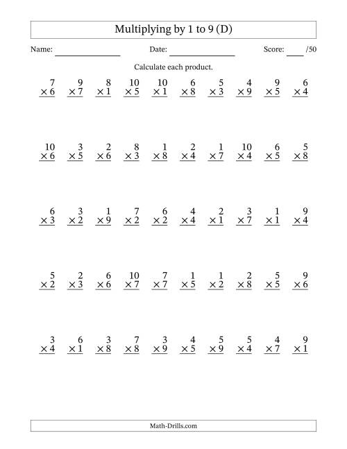 The Multiplying (1 to 10) by 1 to 9 (50 Questions) (D) Math Worksheet