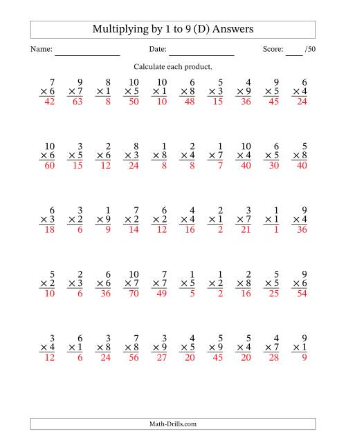 The Multiplying (1 to 10) by 1 to 9 (50 Questions) (D) Math Worksheet Page 2