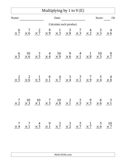 The Multiplying (1 to 10) by 1 to 9 (50 Questions) (E) Math Worksheet