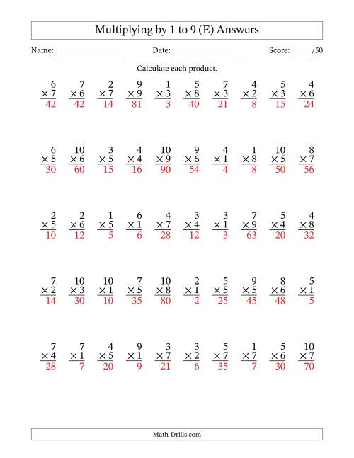 The Multiplying (1 to 10) by 1 to 9 (50 Questions) (E) Math Worksheet Page 2
