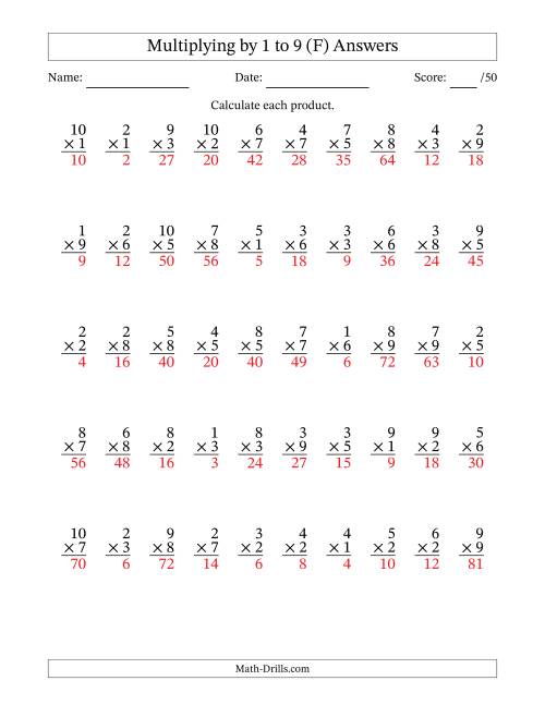 The Multiplying (1 to 10) by 1 to 9 (50 Questions) (F) Math Worksheet Page 2