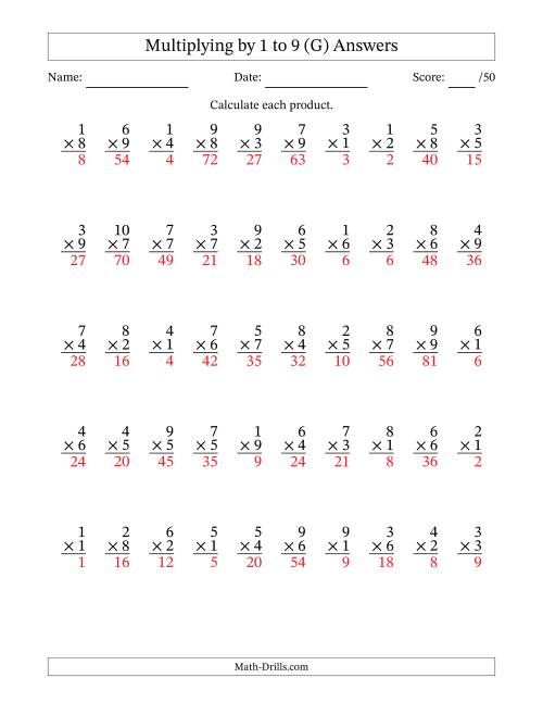The Multiplying (1 to 10) by 1 to 9 (50 Questions) (G) Math Worksheet Page 2