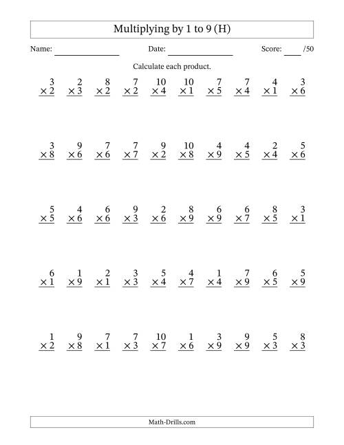 The Multiplying (1 to 10) by 1 to 9 (50 Questions) (H) Math Worksheet