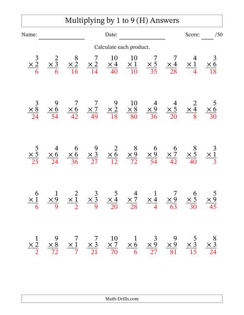 The Multiplying (1 to 10) by 1 to 9 (50 Questions) (H) Math Worksheet Page 2