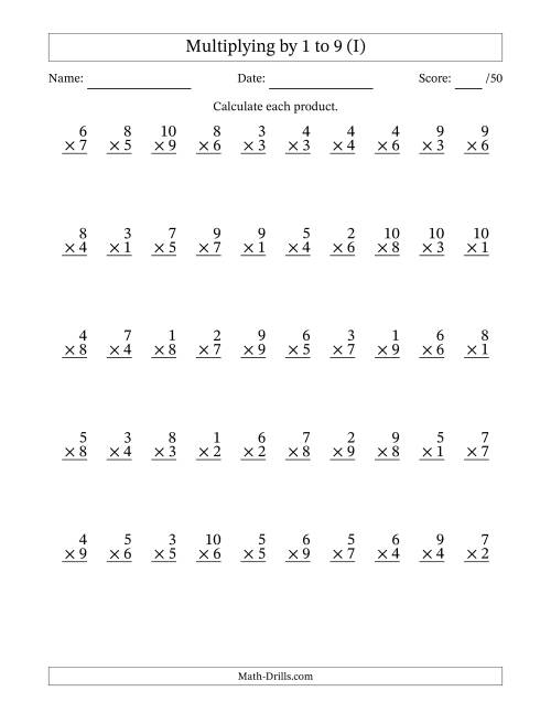 The Multiplying (1 to 10) by 1 to 9 (50 Questions) (I) Math Worksheet