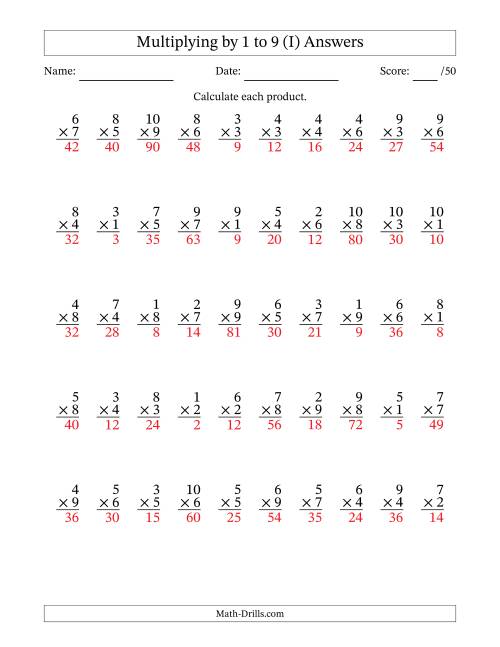 The Multiplying (1 to 10) by 1 to 9 (50 Questions) (I) Math Worksheet Page 2