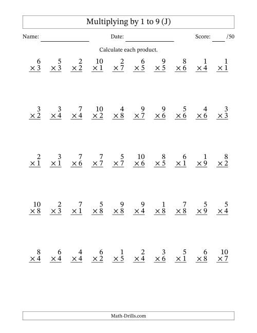 The Multiplying (1 to 10) by 1 to 9 (50 Questions) (J) Math Worksheet