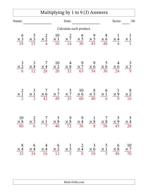 The Multiplying (1 to 10) by 1 to 9 (50 Questions) (J) Math Worksheet Page 2