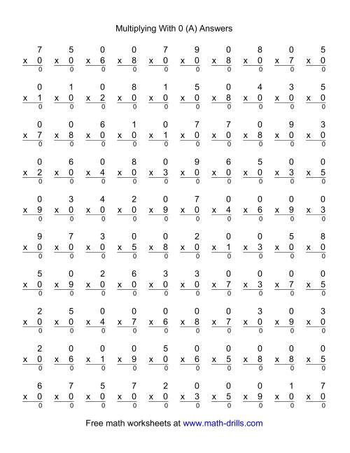The 100 Vertical Questions -- Multiplication Facts -- 0 by 1-9 (A) Math Worksheet Page 2