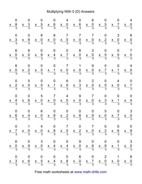 The 100 Vertical Questions -- Multiplication Facts -- 0 by 1-9 (D) Math Worksheet Page 2