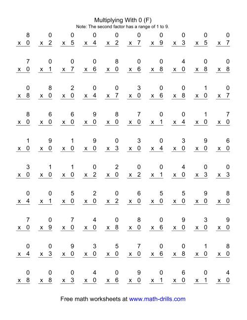 The 100 Vertical Questions -- Multiplication Facts -- 0 by 1-9 (F) Math Worksheet