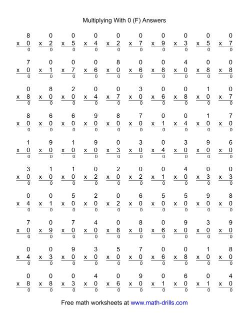 The 100 Vertical Questions -- Multiplication Facts -- 0 by 1-9 (F) Math Worksheet Page 2