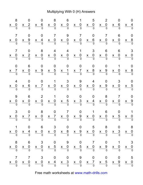 The 100 Vertical Questions -- Multiplication Facts -- 0 by 1-9 (H) Math Worksheet Page 2