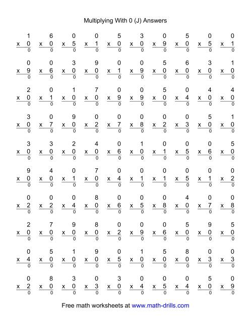 The 100 Vertical Questions -- Multiplication Facts -- 0 by 1-9 (J) Math Worksheet Page 2