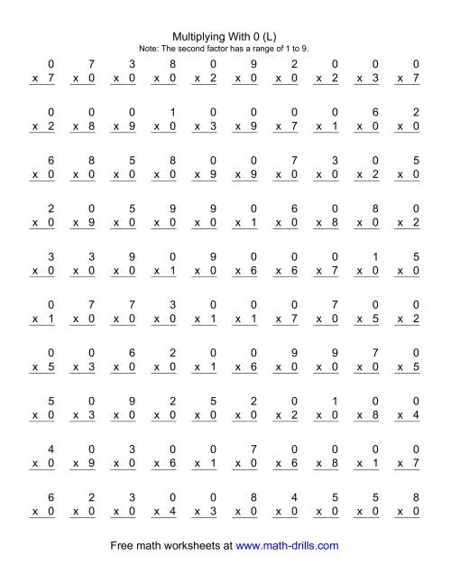 The 100 Vertical Questions -- Multiplication Facts -- 0 by 1-9 (L) Math Worksheet