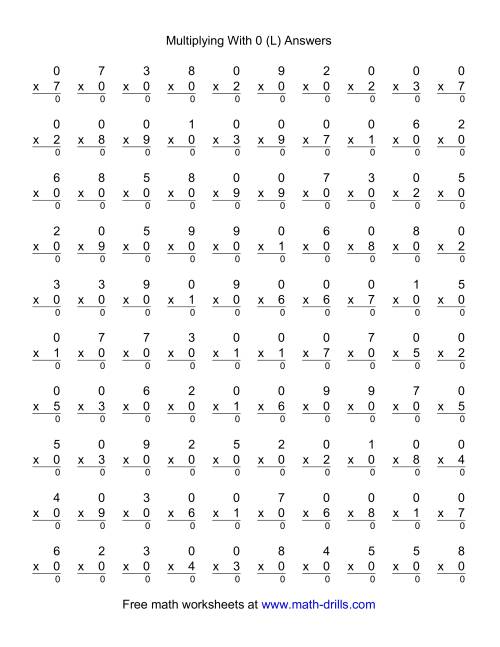 The 100 Vertical Questions -- Multiplication Facts -- 0 by 1-9 (L) Math Worksheet Page 2