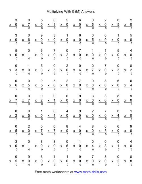 The 100 Vertical Questions -- Multiplication Facts -- 0 by 1-9 (M) Math Worksheet Page 2