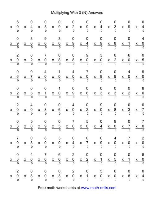 The 100 Vertical Questions -- Multiplication Facts -- 0 by 1-9 (N) Math Worksheet Page 2