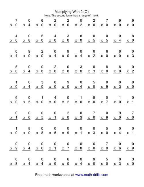 The 100 Vertical Questions -- Multiplication Facts -- 0 by 1-9 (O) Math Worksheet