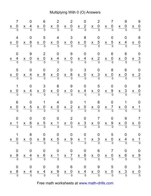 The 100 Vertical Questions -- Multiplication Facts -- 0 by 1-9 (O) Math Worksheet Page 2