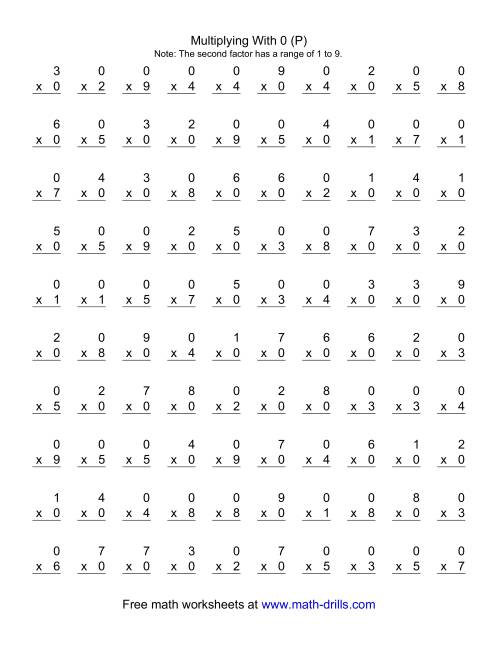 The 100 Vertical Questions -- Multiplication Facts -- 0 by 1-9 (P) Math Worksheet