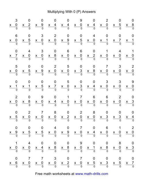 The 100 Vertical Questions -- Multiplication Facts -- 0 by 1-9 (P) Math Worksheet Page 2