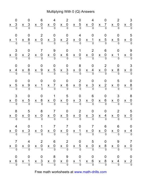 The 100 Vertical Questions -- Multiplication Facts -- 0 by 1-9 (Q) Math Worksheet Page 2