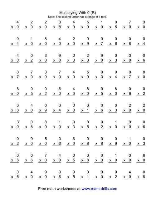 The 100 Vertical Questions -- Multiplication Facts -- 0 by 1-9 (R) Math Worksheet