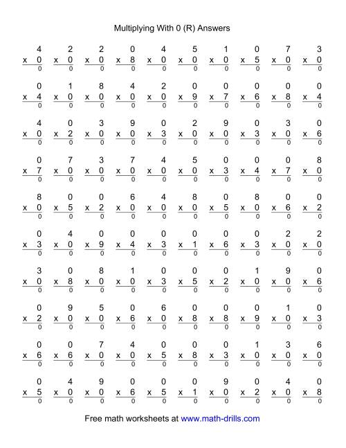 The 100 Vertical Questions -- Multiplication Facts -- 0 by 1-9 (R) Math Worksheet Page 2