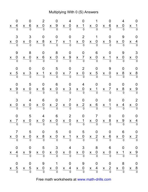 The 100 Vertical Questions -- Multiplication Facts -- 0 by 1-9 (S) Math Worksheet Page 2