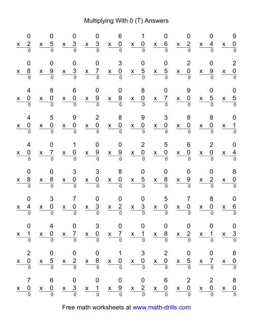The 100 Vertical Questions -- Multiplication Facts -- 0 by 1-9 (T) Math Worksheet Page 2