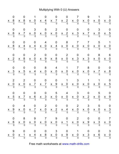 The 100 Vertical Questions -- Multiplication Facts -- 0 by 1-9 (U) Math Worksheet Page 2
