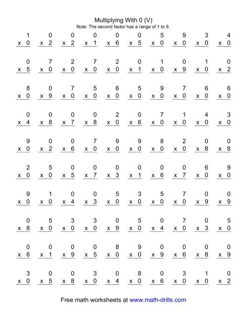 The 100 Vertical Questions -- Multiplication Facts -- 0 by 1-9 (V) Math Worksheet