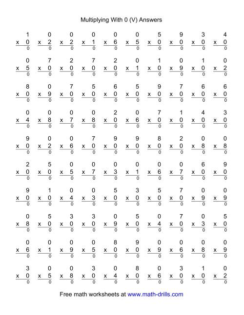 The 100 Vertical Questions -- Multiplication Facts -- 0 by 1-9 (V) Math Worksheet Page 2